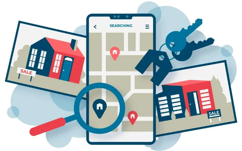 búsqueda de listados de bienes raíces en línea, imágenes de casas, llaves y un mapa