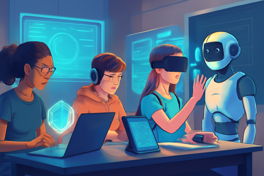 futuristic classroom with AI and immersive technology in education.